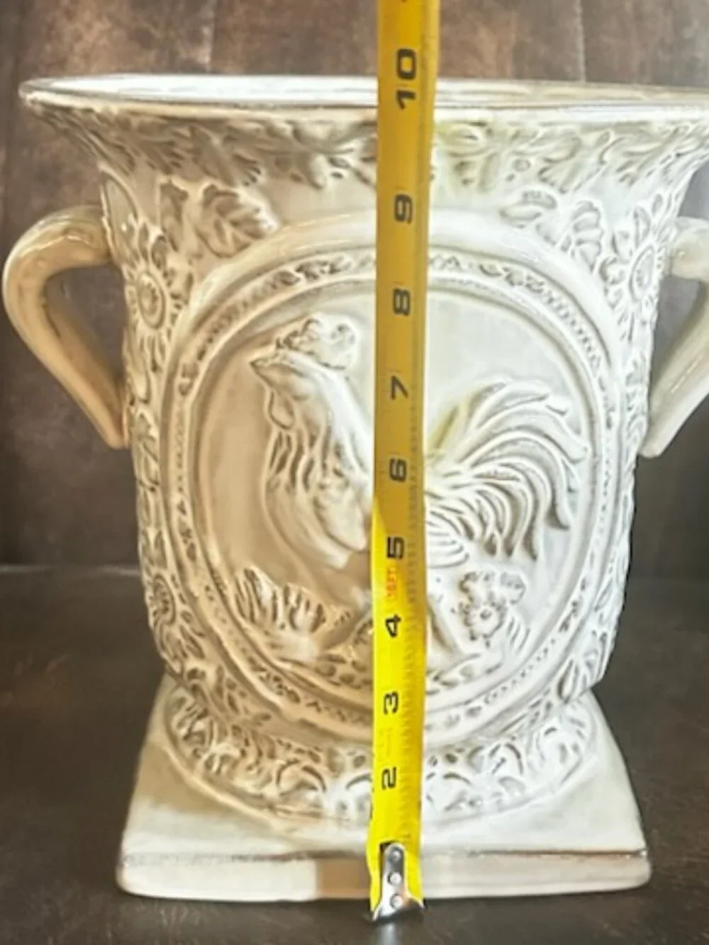 Vintage Collectible Ceramic Embossed Rooster and Country Floral Pattern Planter